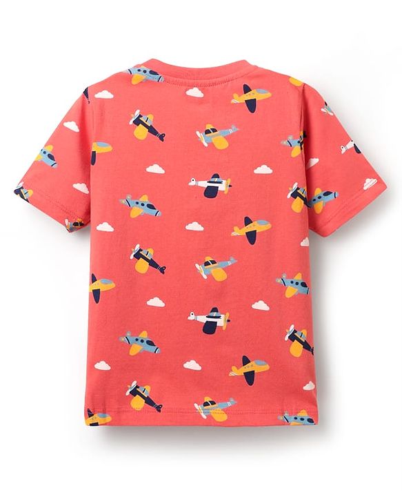 Babyhug Cotton Knit Half Sleeves Co-ords Short Night Suit With Aeroplane Print - Red