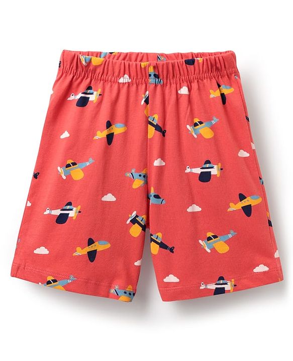 Babyhug Cotton Knit Half Sleeves Co-ords Short Night Suit With Aeroplane Print - Red