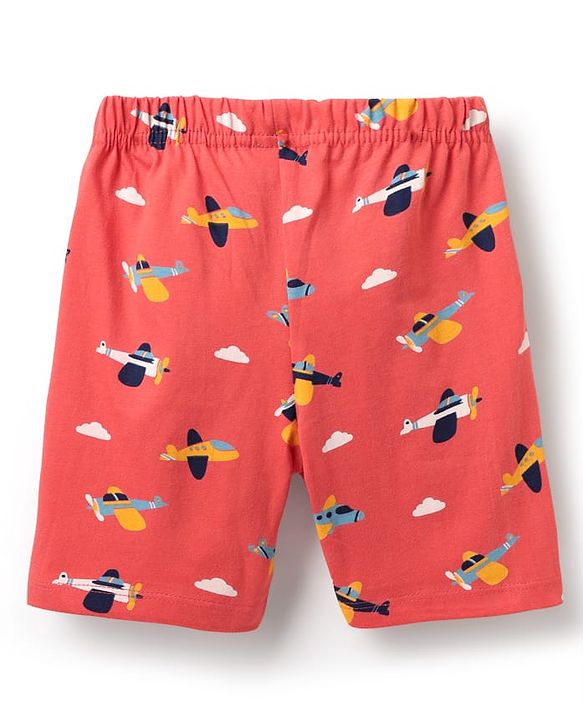 Babyhug Cotton Knit Half Sleeves Co-ords Short Night Suit With Aeroplane Print - Red