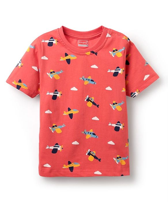 Babyhug Cotton Knit Half Sleeves Co-ords Short Night Suit With Aeroplane Print - Red