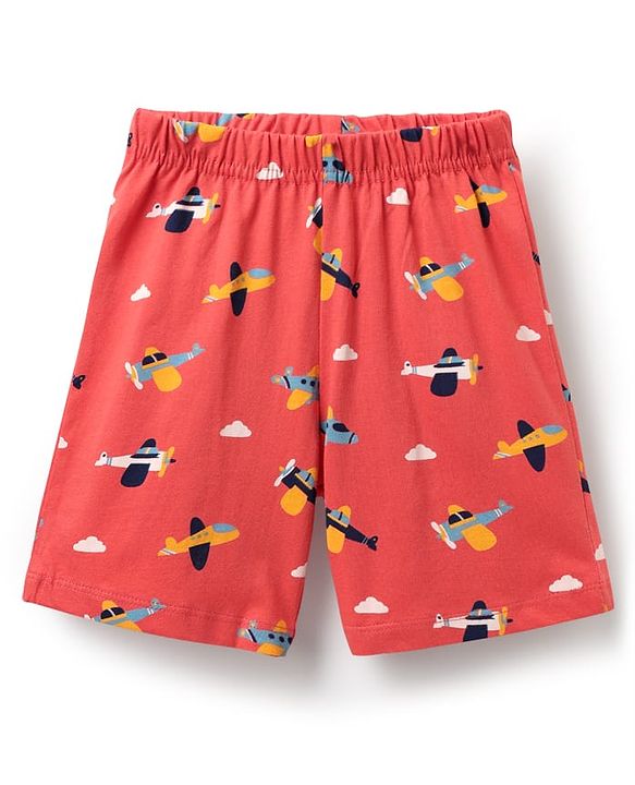 Babyhug Cotton Knit Half Sleeves Co-ords Short Night Suit With Aeroplane Print - Red