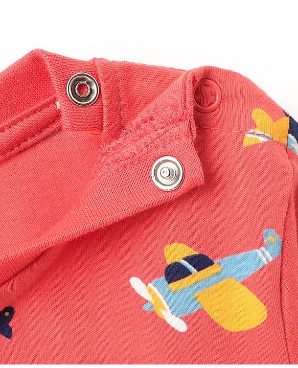Babyhug Cotton Knit Half Sleeves Co-ords Short Night Suit With Aeroplane Print - Red