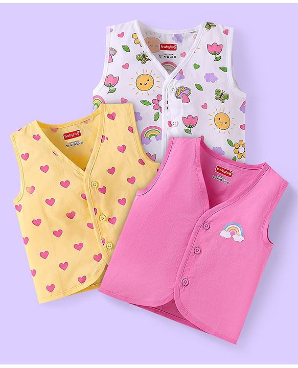 Babyhug 100% Cambric Woven  Sleeveless Front Open Jhabla with Heart & Floral Print  Pack of 3 - Yellow White & Pink