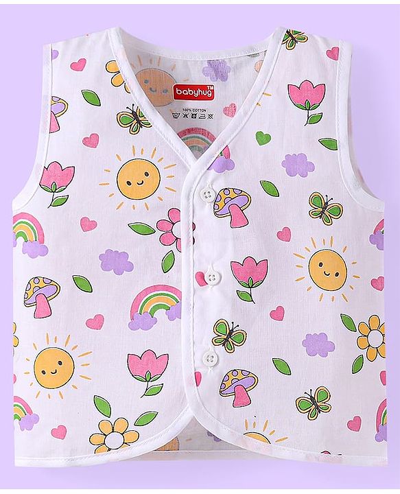 Babyhug 100% Cambric Woven  Sleeveless Front Open Jhabla with Heart & Floral Print  Pack of 3 - Yellow White & Pink