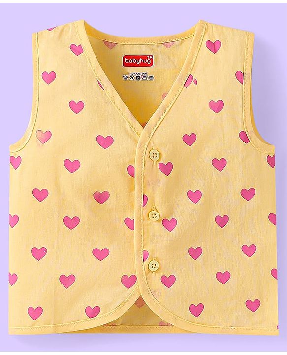 Babyhug 100% Cambric Woven  Sleeveless Front Open Jhabla with Heart & Floral Print  Pack of 3 - Yellow White & Pink