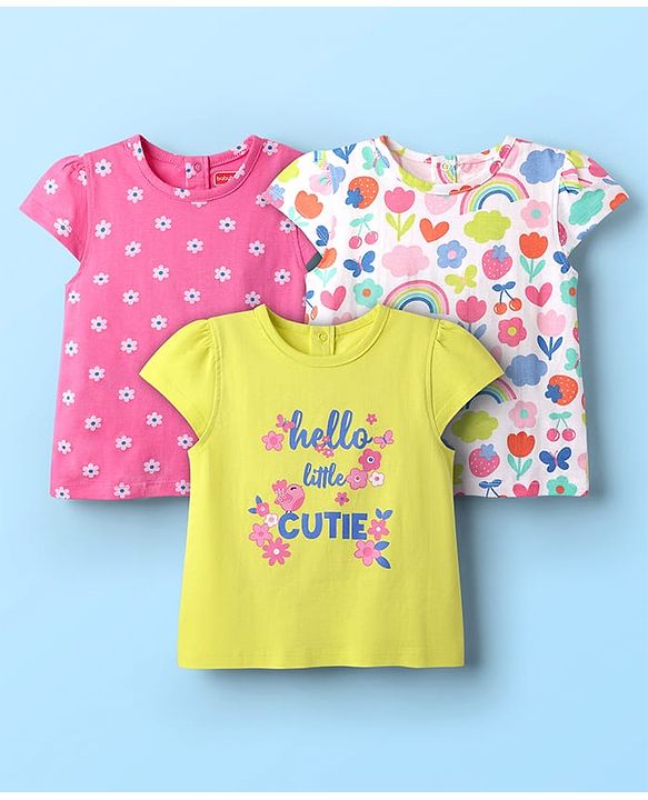 Babyhug Cotton Knit Cap Sleeves T-Shirts with Floral & Text Print Pack of 3 - Pink Light Green & White