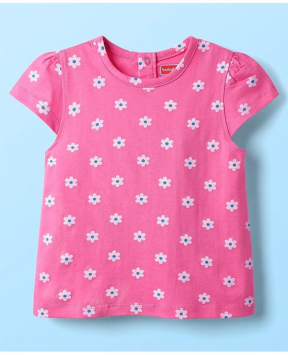 Babyhug Cotton Knit Cap Sleeves T-Shirts with Floral & Text Print Pack of 3 - Pink Light Green & White