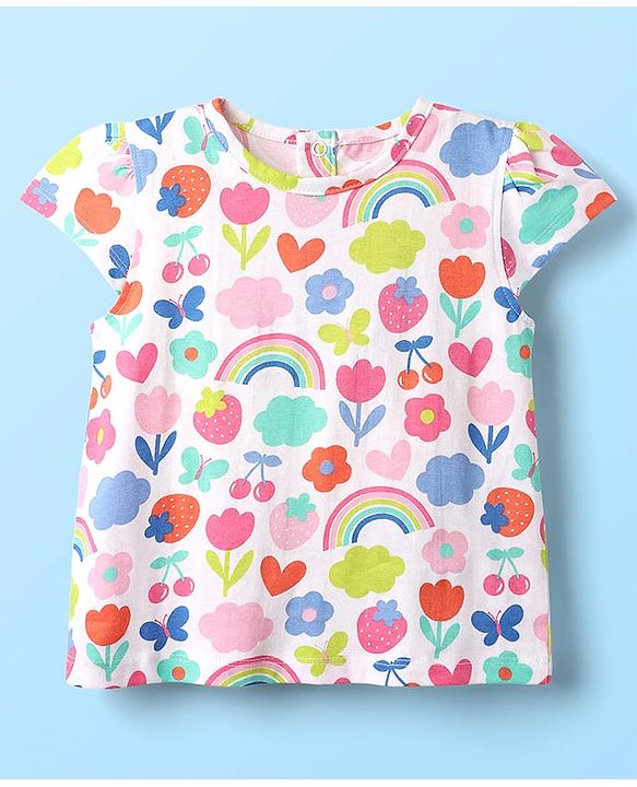 Babyhug Cotton Knit Cap Sleeves T-Shirts with Floral & Text Print Pack of 3 - Pink Light Green & White