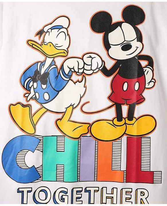 Pine Kids Disney Single Jersey Knit Half Drop Shoulder Sleeves Oversized T-Shirt with Mickey & Friends Graphics - White