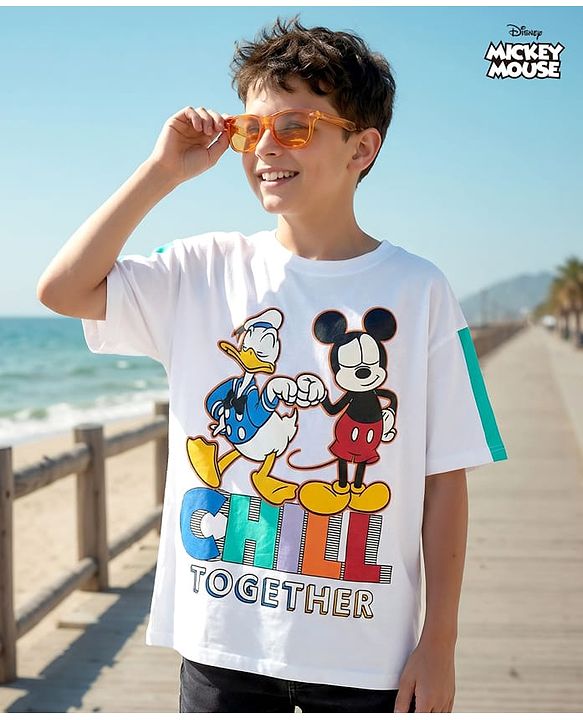 Pine Kids Disney Single Jersey Knit Half Drop Shoulder Sleeves Oversized T-Shirt with Mickey & Friends Graphics - White