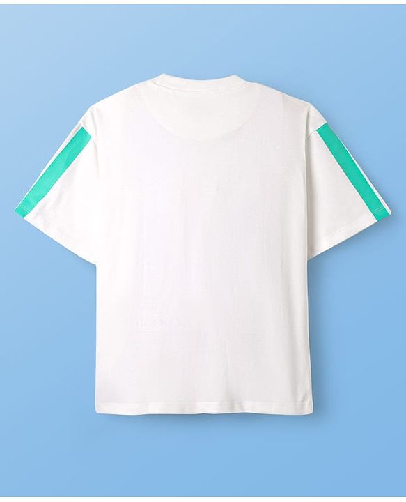 Pine Kids Disney Single Jersey Knit Half Drop Shoulder Sleeves Oversized T-Shirt with Mickey & Friends Graphics - White