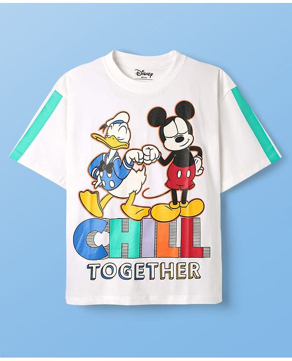 Pine Kids Disney Single Jersey Knit Half Drop Shoulder Sleeves Oversized T-Shirt with Mickey & Friends Graphics - White