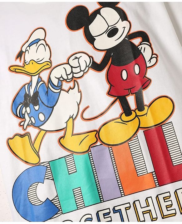 Pine Kids Disney Single Jersey Knit Half Drop Shoulder Sleeves Oversized T-Shirt with Mickey & Friends Graphics - White