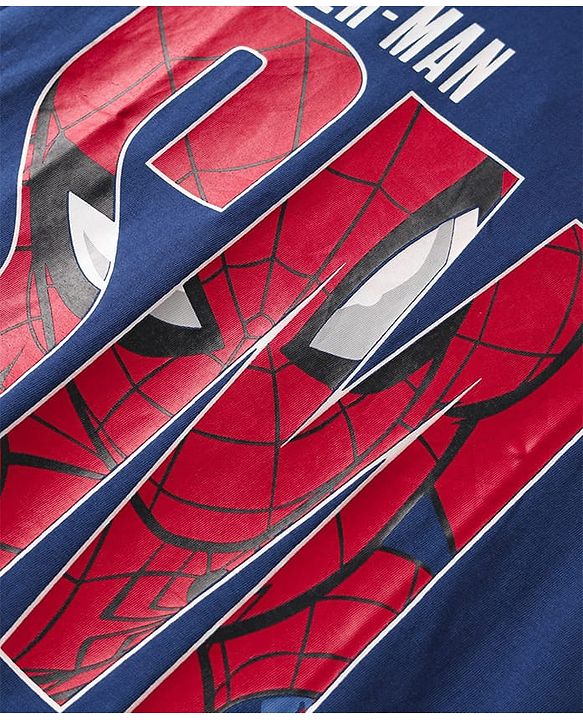 Pine Kids Marvel Single Jersey Knit Half Drop Shoulder Sleeves Oversized T-Shirt with Spider Man Graphics - Navy Blue