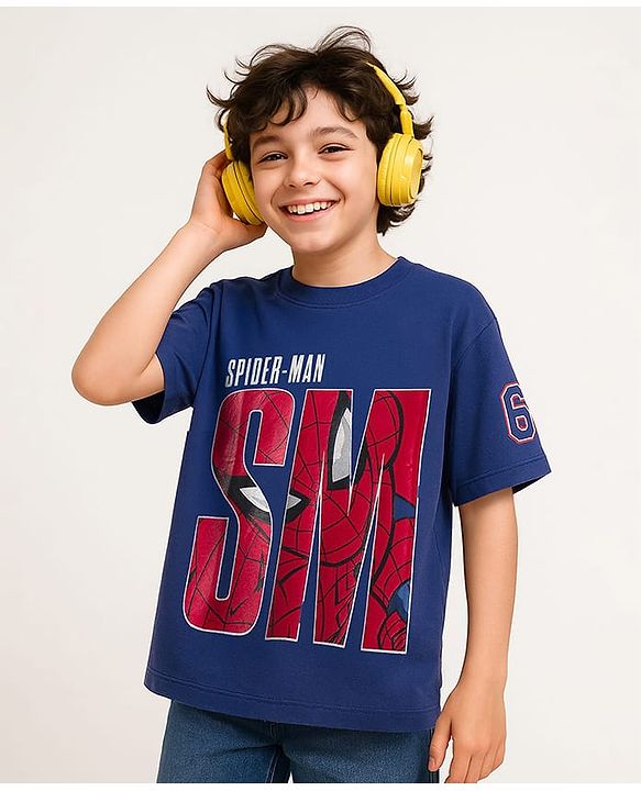 Pine Kids Marvel Single Jersey Knit Half Drop Shoulder Sleeves Oversized T-Shirt with Spider Man Graphics - Navy Blue