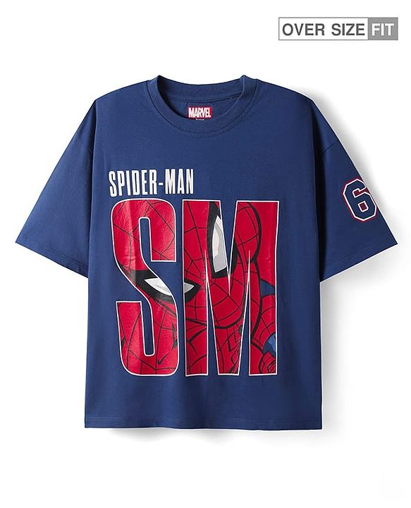 Pine Kids Marvel Single Jersey Knit Half Drop Shoulder Sleeves Oversized T-Shirt with Spider Man Graphics - Navy Blue