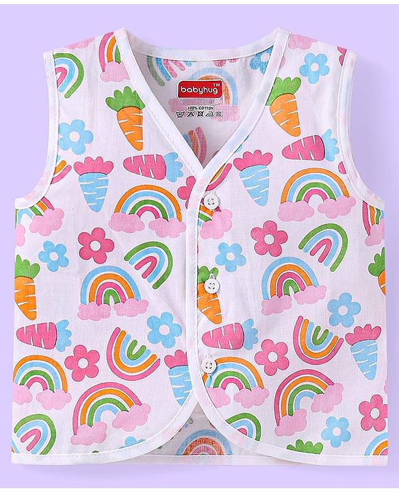 Babyhug 100% Cambric Woven Sleeveless Front Open Jhabla with Heart & Rainbow Print  Pack of 3 - Pink Blue & White