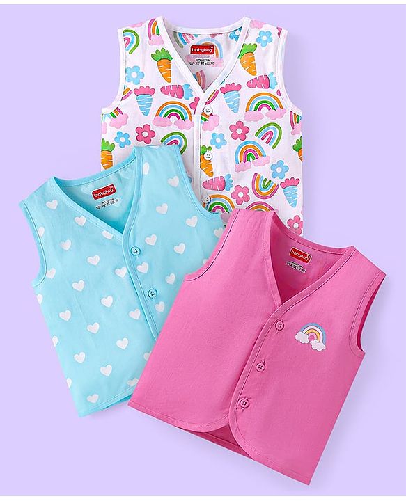 Babyhug 100% Cambric Woven Sleeveless Front Open Jhabla with Heart & Rainbow Print  Pack of 3 - Pink Blue & White