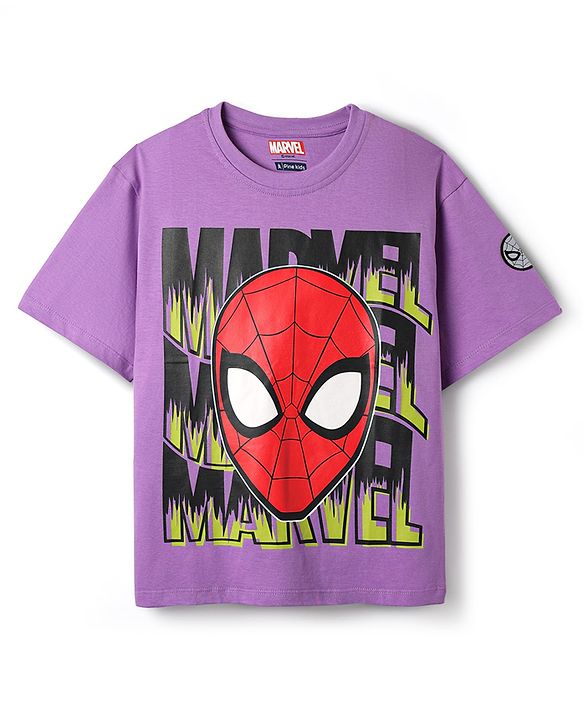 Pine Kids Marvel Single Jersey Knit Half Drop Shoulder Sleeves Oversized T-Shirt with Spider Man Graphics & Badge Detailing - Lavender