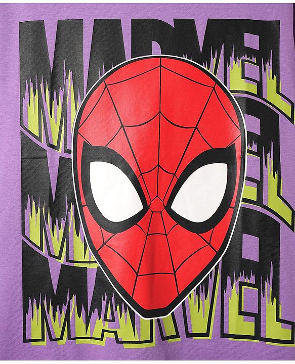 Pine Kids Marvel Single Jersey Knit Half Drop Shoulder Sleeves Oversized T-Shirt with Spider Man Graphics & Badge Detailing - Lavender