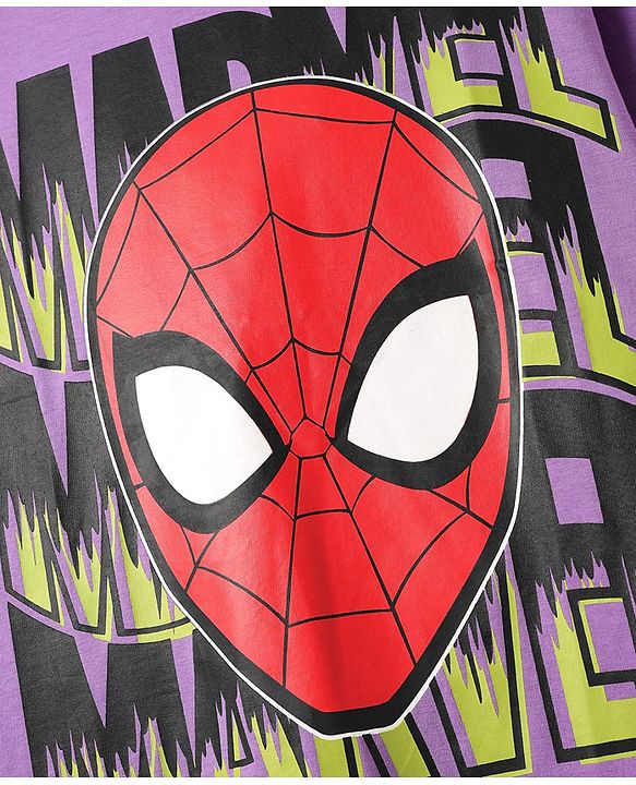 Pine Kids Marvel Single Jersey Knit Half Drop Shoulder Sleeves Oversized T-Shirt with Spider Man Graphics & Badge Detailing - Lavender