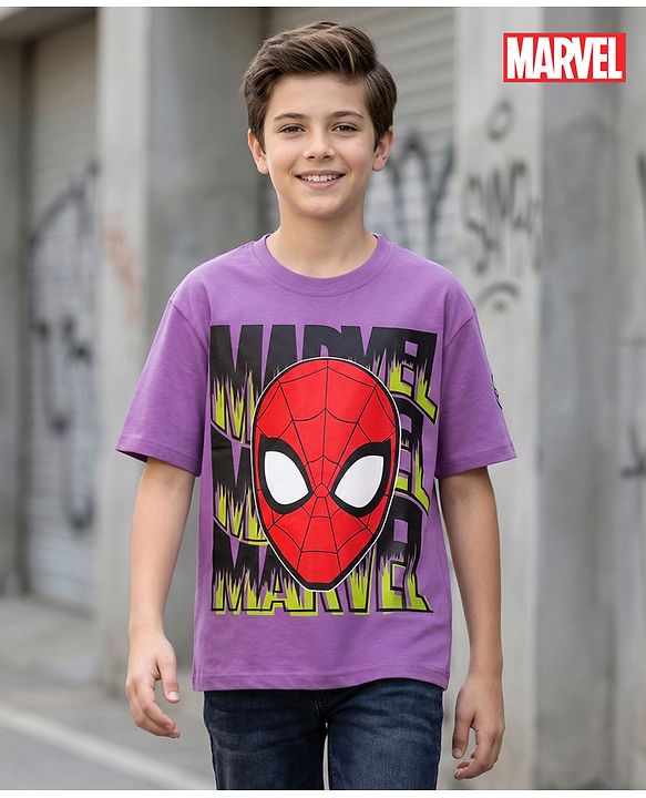 Pine Kids Marvel Single Jersey Knit Half Drop Shoulder Sleeves Oversized T-Shirt with Spider Man Graphics & Badge Detailing - Lavender