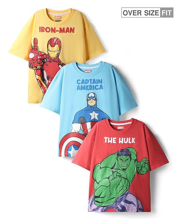 Pine Kids Marvel Single Jersey Knit Drop Shoulder Half Sleeves Oversized T-Shirt with Avengers Graphics Pack Of 3 - Red Light Blue & Yellow