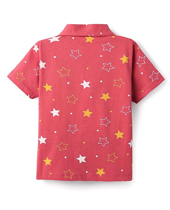 Babyhug Cotton Knit Front Open Half Sleeves Co- Ord Shorts Night Suit with Star Print - Red