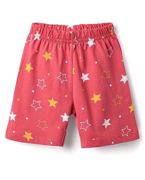 Babyhug Cotton Knit Front Open Half Sleeves Co- Ord Shorts Night Suit with Star Print - Red