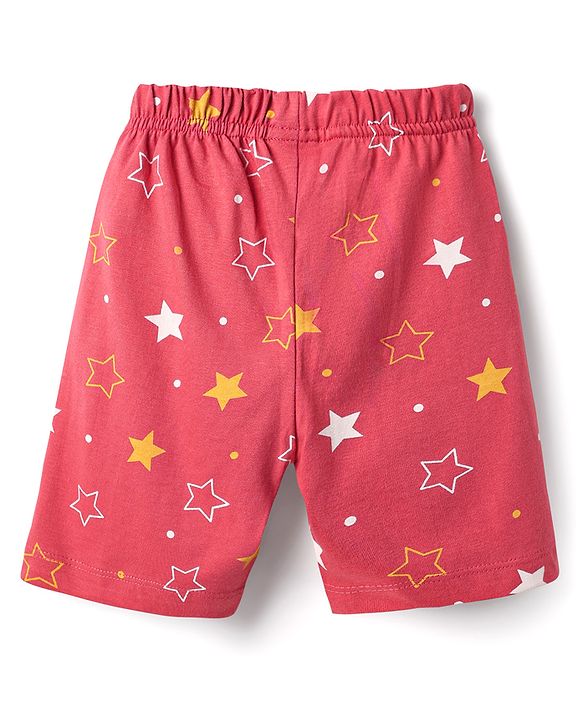 Babyhug Cotton Knit Front Open Half Sleeves Co- Ord Shorts Night Suit with Star Print - Red