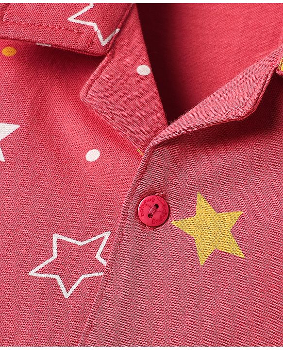 Babyhug Cotton Knit Front Open Half Sleeves Co- Ord Shorts Night Suit with Star Print - Red