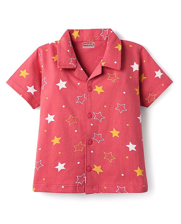 Babyhug Cotton Knit Front Open Half Sleeves Co- Ord Shorts Night Suit with Star Print - Red