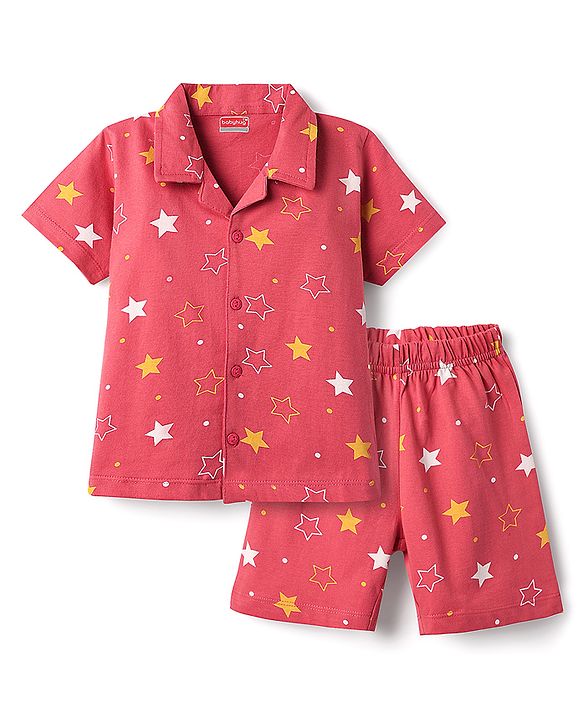 Babyhug Cotton Knit Front Open Half Sleeves Co- Ord Shorts Night Suit with Star Print - Red