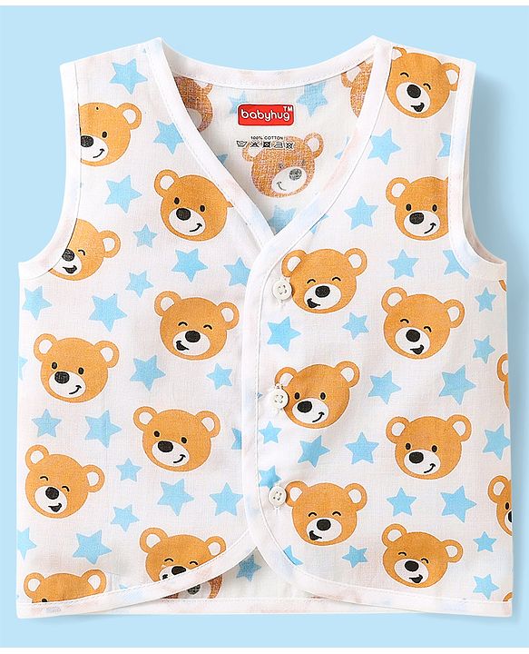 Babyhug Cambric Woven Sleeveless Jhablas With Striped & Bear Print Pack Of 3 - Yellow Red & White