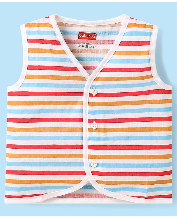 Babyhug Cambric Woven Sleeveless Jhablas With Striped & Bear Print Pack Of 3 - Yellow Red & White