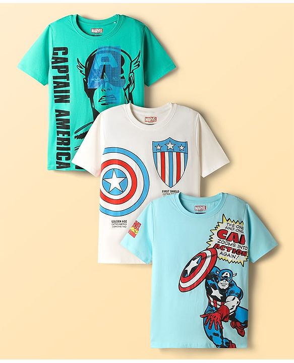 Pine Kids Marvel Single Jersey Knit Half Sleeve T-Shirt with Avengers Graphics Pack of 3 - Light Green Light Blue & White