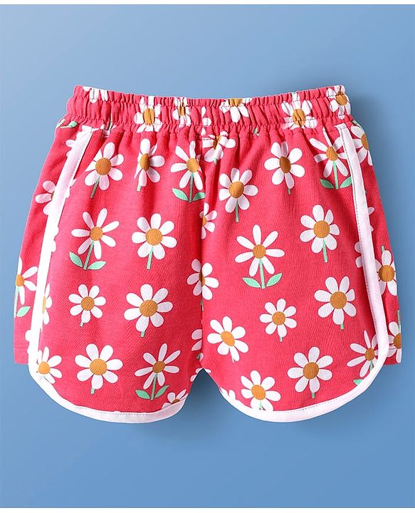 Pine Kids Looper Knit Mid Thigh Length Shorts with Floral Print - Dark Pink