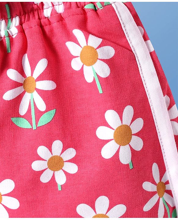Pine Kids Looper Knit Mid Thigh Length Shorts with Floral Print - Dark Pink