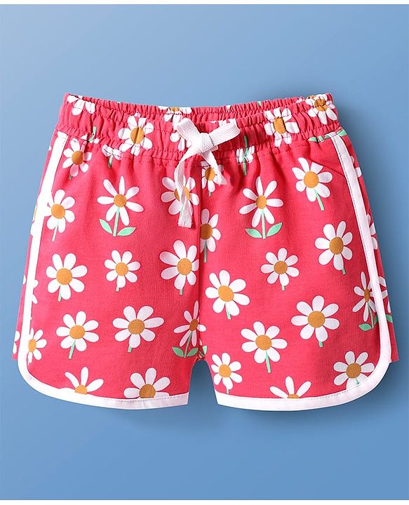 Pine Kids Looper Knit Mid Thigh Length Shorts with Floral Print - Dark Pink