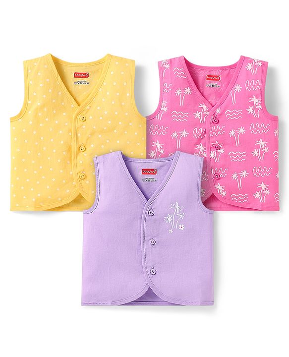 Babyhug Cambric Woven Sleeveless Front Open Jhablas With Polka Dots & Tree Print Pack Of 3 - Purple Pink & Yellow