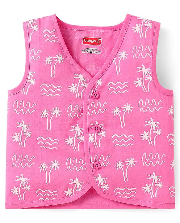Babyhug Cambric Woven Sleeveless Front Open Jhablas With Polka Dots & Tree Print Pack Of 3 - Purple Pink & Yellow