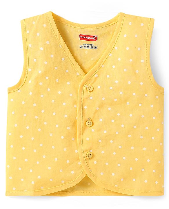 Babyhug Cambric Woven Sleeveless Front Open Jhablas With Polka Dots & Tree Print Pack Of 3 - Purple Pink & Yellow