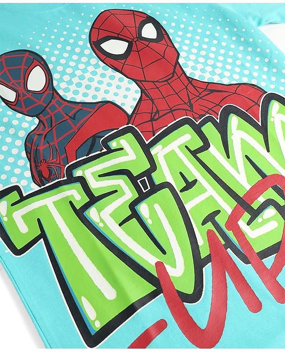 Pine Kids Marvel Single Jersey Knit Half Drop Shoulder Sleeves Oversized T-Shirt with Spider Man Graphics - Aqua Blue