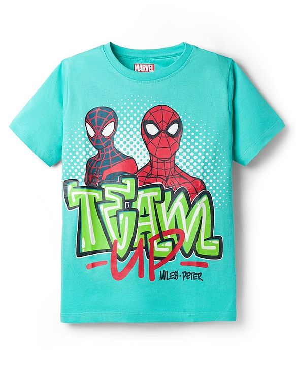 Pine Kids Marvel Single Jersey Knit Half Drop Shoulder Sleeves Oversized T-Shirt with Spider Man Graphics - Aqua Blue