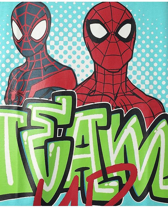 Pine Kids Marvel Single Jersey Knit Half Drop Shoulder Sleeves Oversized T-Shirt with Spider Man Graphics - Aqua Blue