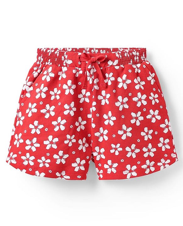 Pine Kids Looper Knit Mid Thigh Shorts With Floral Print - Red