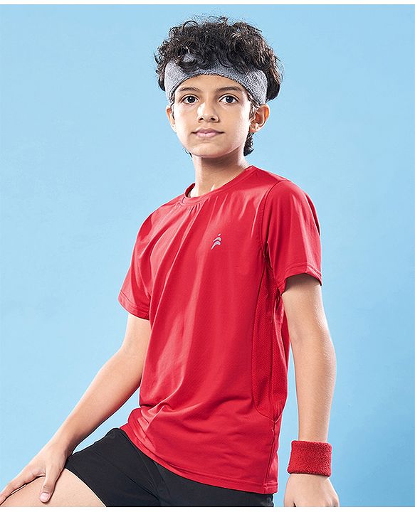 Pine Active Knit Half Sleeves High Stretch Skin Friendly Cut & Sew Solid Color T-Shirt - Red