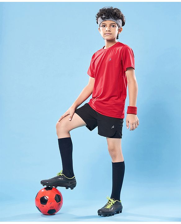 Pine Active Knit Half Sleeves High Stretch Skin Friendly Cut & Sew Solid Color T-Shirt - Red
