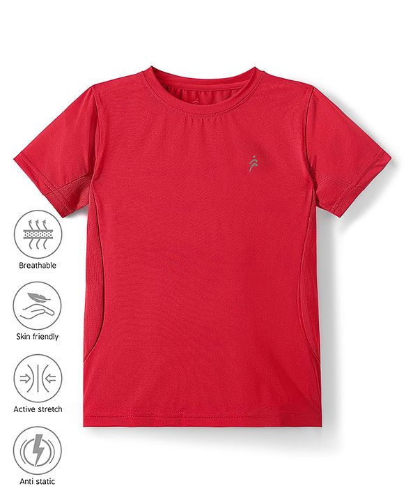 Pine Active Knit Half Sleeves High Stretch Skin Friendly Cut & Sew Solid Color T-Shirt - Red