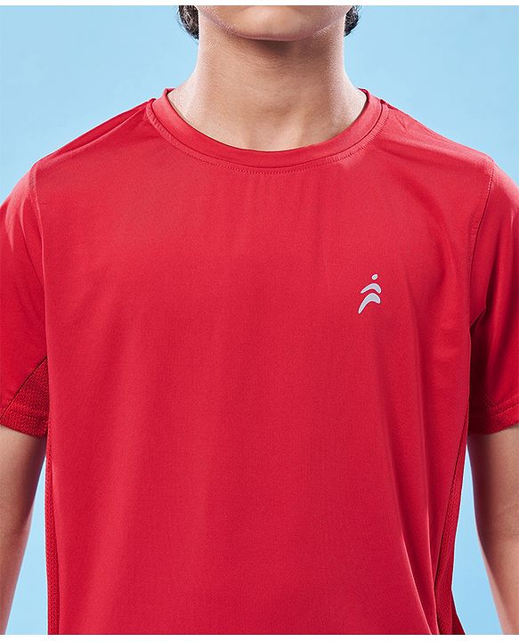 Pine Active Knit Half Sleeves High Stretch Skin Friendly Cut & Sew Solid Color T-Shirt - Red